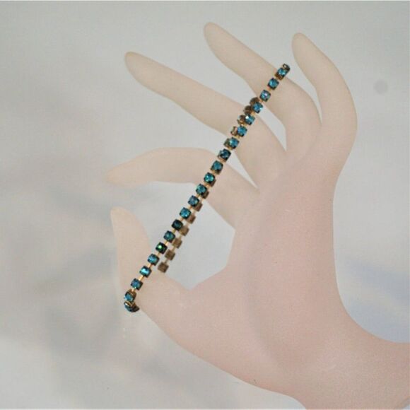 Rhinestone Chain Stretch Bracelet Blue Tennis Vintage - Picture 9 of 9